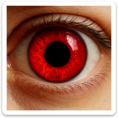 a close-up of a human eye with a vivid red iris and a very large black pupil, extreme focus, plain background sticker