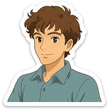 ghibli style good looking young adult boy with brown curly hair and brown eyes sticker