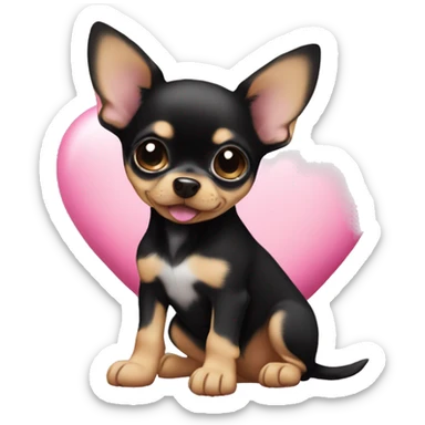 black & tan chihuahua puppy with a pink heart sticker