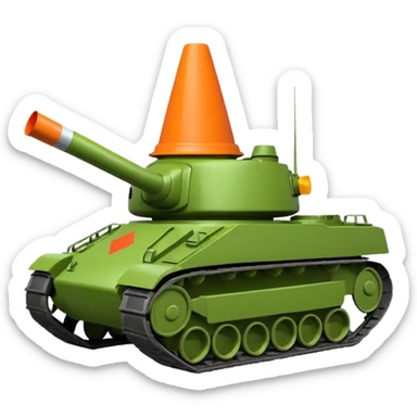 green military tank with a traffic cone with a face flattened under its treads, emoji style sticker
