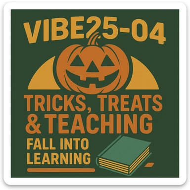 Create a logo that uses both of these images.  Words should read "VIBE25-4: Tricks, Treats & Teaching, Fall into Learning" sticker