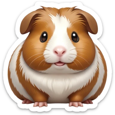 Cinematic Cute Brown and White Banded Guinea Pig Portrait Emoji, Head tilted playfully and inquisitively, showcasing a fluffy coat with playful brown and white banded patterns, round, sparkling dark eyes filled with curiosity, Simplified yet irresistibly adorable features, highly detailed, glowing with a warm, friendly glow, high shine, affectionate and spirited, stylized with a touch of whimsy, bright and endearing, soft glowing outline, capturing the essence of a mischievous yet loving guinea pig, so playful it feels like it could dash out of the screen and into your arms! sticker
