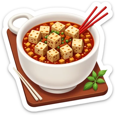 Mapo Tofu spicy red with tofu cubes and minced meat, simplified emoji style with bold outlines and bright colors, cartoon style Sichuan famous dish sticker
