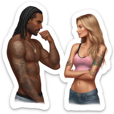 Photo of Victoria secret model having a serious conversation with a tattooed male model  sticker