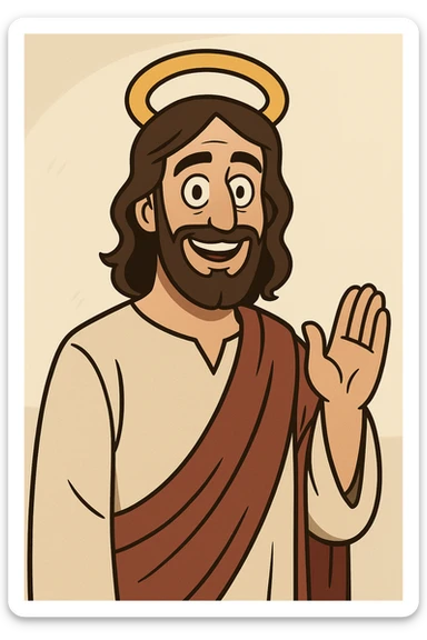 stylized cartoon Jesus with friendly smile, simple robe, minimal background sticker