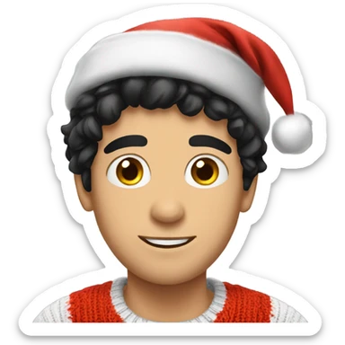 Young Italian man with black hair wearing a knitted Christmas sweater and a Santa hat  sticker