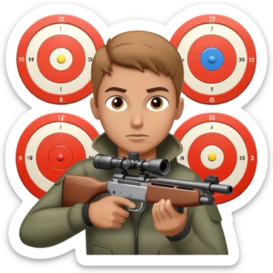 An athlete in shooting stance, focused on the target, holding a precision rifle. The background features a shooting range with targets set at various distances, highlighting control, concentration, and accuracy in the sport of competitive shooting. sticker