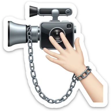 Minimalist emoji-style sticker of a human hand bound by a chain leading to a video camera. Icon-like, clean silhouette, muted tones. sticker