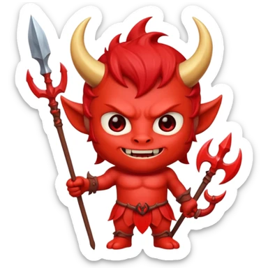 a Red devil, short horn Chibi red demon hold a trident sticker