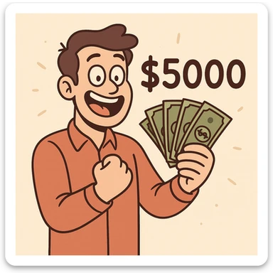 a happy man holding a stack of cash, representing earning $5000, modern clean illustration style sticker