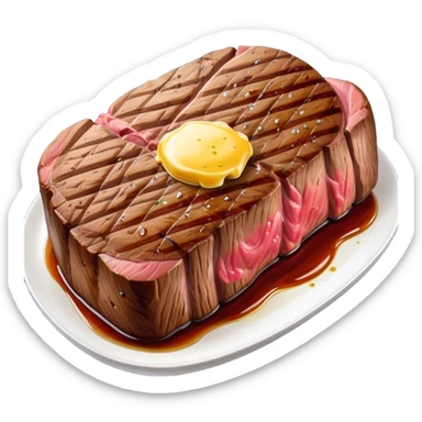 Cinematic thick-cut steak, perfectly seared with grill marks, a juicy pink center, butter melting on top, rich and savory, warm glow, sizzling and mouthwatering, highly detailed and appetizing. sticker