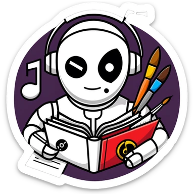 A shiny metal robot man with a circular chest plate divided into four segments, each featuring an art symbol: paintbrush, musical note, drama masks, and book sticker