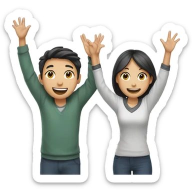 two students raising their hands happily both looking asian sticker