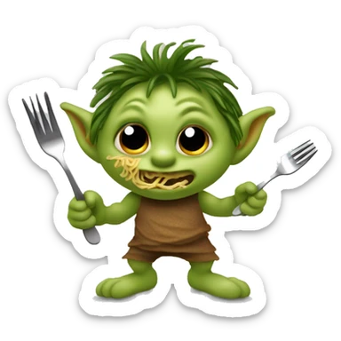little troll gremlin eating spaghetti with a fork while lurking and being weird but also very fun and energetic sticker