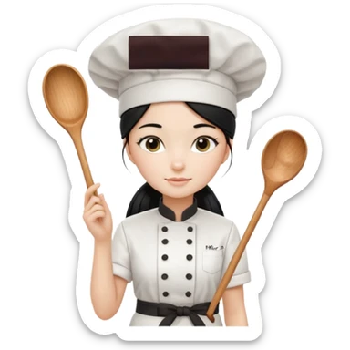 
A beautiful girl wears a white chef's uniform. Her long, straight black hair is styled in a ponytail. She wears a white chef's hat and holds a wooden cooking spoon. She is standing and wearing black shoes. The illustration style is 2D realistic.. sticker
