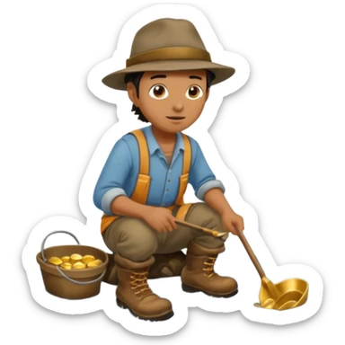 create a gold miner panning for gold near a stream sticker