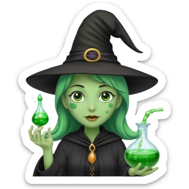 Witch with Green Skin – long-nosed witch in black hat holding potion sticker