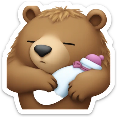 Big bear sleeping with a sleeping stocking on his head cradling a baby capybara who is also sleeping sticker