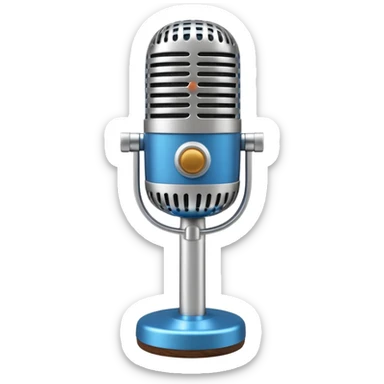 3D render of Elvis Microphone, vintage 1980s audio equipment aesthetic, tactile analog buttons, shiny silver metal grille with a blue handle, mixed wood grain and brushed aluminum textures, Apple emoji style, isolated on white background --v 6.0 sticker