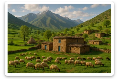 کوردی rural village scene, traditional Kurdish countryside, mountains, stone houses, green fields, sheep, vibrant and authentic, natural light sticker