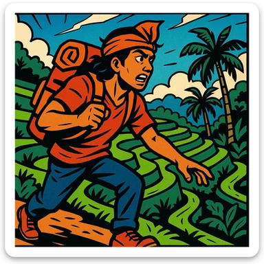 comic book panel showing a Bali nomad on an adventure, hiking through lush rice terraces with a backpack, vibrant colors, bold lines, expressive comic style, dynamic action, tropical landscape sticker