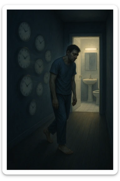 In una scena notturna onirica, un uomo cammina a piedi nudi in un corridoio buio verso un bagno illuminato, ripetutamente. Dietro di lui, come in una scia, ci sono orologi sfocati che simboleggiano il sonno interrotto. Ogni passo è lento, stanco, come se il corpo chiedesse riposo ma la vescica non lo permettesse. sticker