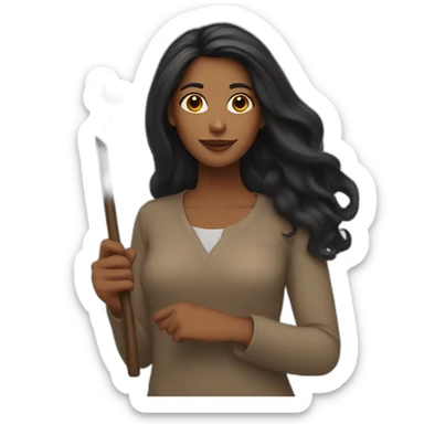 brown woman holding a orange star wand long black hair sticker