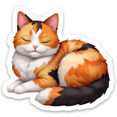 Meme-Worthy Cute Sleeping Calico Cat Portrait Emoji, Head resting peacefully with a content, gentle smile and softly closed eyes, featuring a delicate patchwork fur in vibrant orange, black, and white hues, simplified yet irresistibly endearing, highly detailed, glowing with a soft, drowsy radiance, high shine, exuding relaxed and utterly lovable charm, styled with a gentle, soft glowing outline, capturing the essence of a sleeping calico cat that appears destined to become a viral icon of adorable rest! sticker