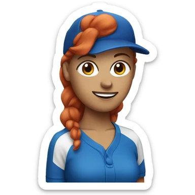 female coach with red hair in blue shirt and with a blue baseball hat sticker