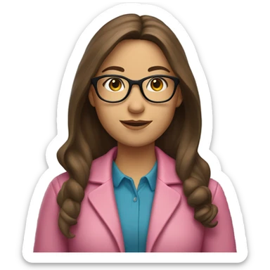 A girl teacher with long brown hair, glasses and a pink jacket sticker