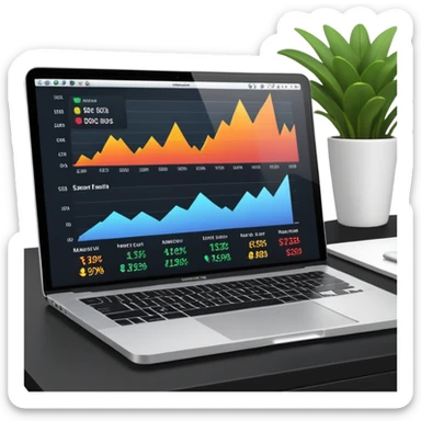 Create a macbook displaying financial charts and black analytics dashboards on the screen. sticker