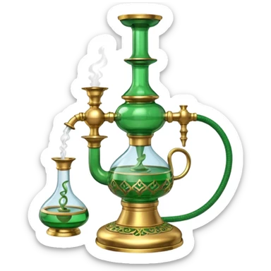 Brass hookah with green design on a glass water base and a glass banger on the top; with two outlet sticker