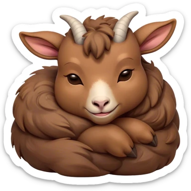 Meme-Worthy Cute Sleeping Brown Goat Portrait Emoji, Head resting peacefully with a contented smile, showcasing a robust build and a luxuriously soft brown fur, eyes shut in a serene, restful nap, Simplified yet hilariously adorable features, highly detailed, glowing with a soft, drowsy light, high shine, relaxed and utterly lovable, stylized with an air of playful laziness, bright and heartwarming, soft glowing outline, capturing the essence of a comically sleepy goat, so meme-worthy it feels like it could instantly become the next viral sensation of adorable slumber! sticker