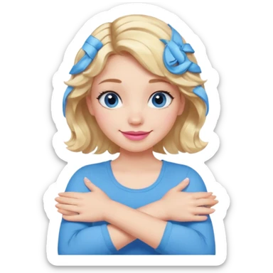 Girl Blonde short wavy hair,  blue eyes, cute blue top, long lashes, pink lips, smiling, making cross arms with arms  sticker