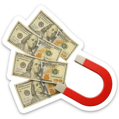 cinque banconote fluttuano in aria attratte da una calamita rossa, iperrealistica 4k, isolato su sfondo bianco sticker