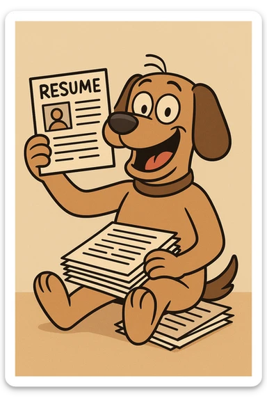 cartoon dog sitting with a pile of resumes in its lap, holding one up proudly, big grin, floppy ears, classic cartoon style, warm and approachable sticker
