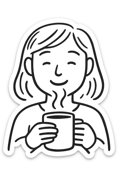 simple black and white pen sketch emoji of a woman with a soft smile, holding a steaming mug in both hands, casual hand-drawn minimal style, cozy leisurely feeling, expressive face sticker