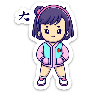 Vaporwave aesthetic Japanese girl with geometric background, retro 80s style, pastel colors, Japanese kanji text, digital sunset, nostalgic elements sticker