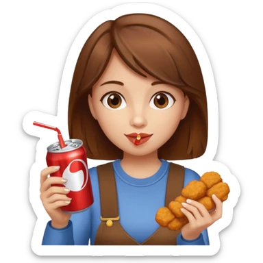 brown hair girl eating with mouth on the chicken nugget and holding a soda can sticker