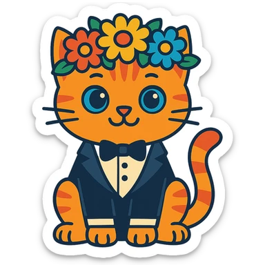 A kitten in a tuxedo with a flower crown sticker