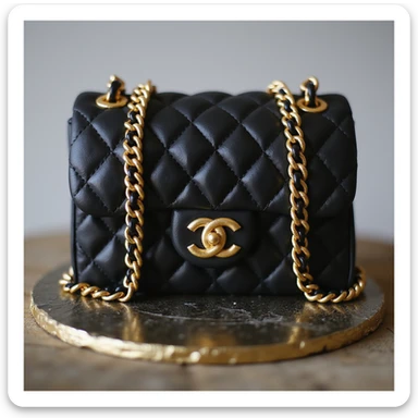 photorealistic Chanel quilted purse cake, black with gold chain, luxury style, no background sticker