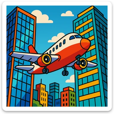 An airplane navigating between two modern skyscrapers, city background, energetic scene, bold colors, no text sticker