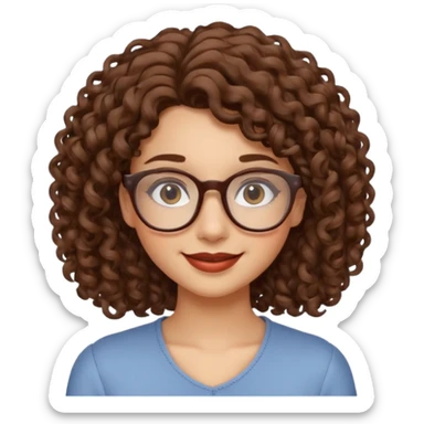 Young woman, curly brown hair, shoulder-length, brown lips, glasses sticker