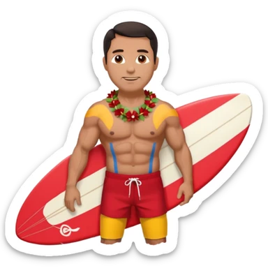 Dark-haired tan muscular 50 year old man with red shorts and shell lei surfing sticker