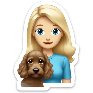 Old blue eyed blonde lady with long straight hair with dark brown Cockapoo puppy dog sticker