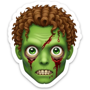Generate an emoji-style image with a white background of a green-skinned zombie. The zombie should have visible facial wounds, curly brown hair with highlights, green eyes, and a shaved line in the left eyebrow. sticker
