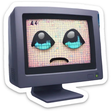 kawaii-style computer monitor with expressive sad eyes and teardrops, broken pixel-style "404" text glitching on screen, digital error symbols floating around, soft pastel colors, emoji art style sticker