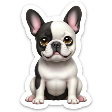 cinematic-[french bulldog]-realistic-full-body-sitting-emoji,-tail-resting-loosely-beside-its-paws,-head-tilted-dramatically,-sleek-[black ant white pied]-fur,-simplified-yet-realistic-focused-features,-highly-detailed,-glowing-with-an-almost-sarcastic-glow sticker