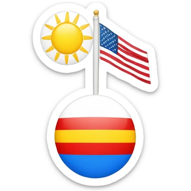 Flag with yellow top stripe, red middle stripe, bottom blue stripe with a white sun in the middle sticker
