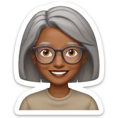 Older woman of color with gray shoulder length  hair and glasses and smiling sticker
